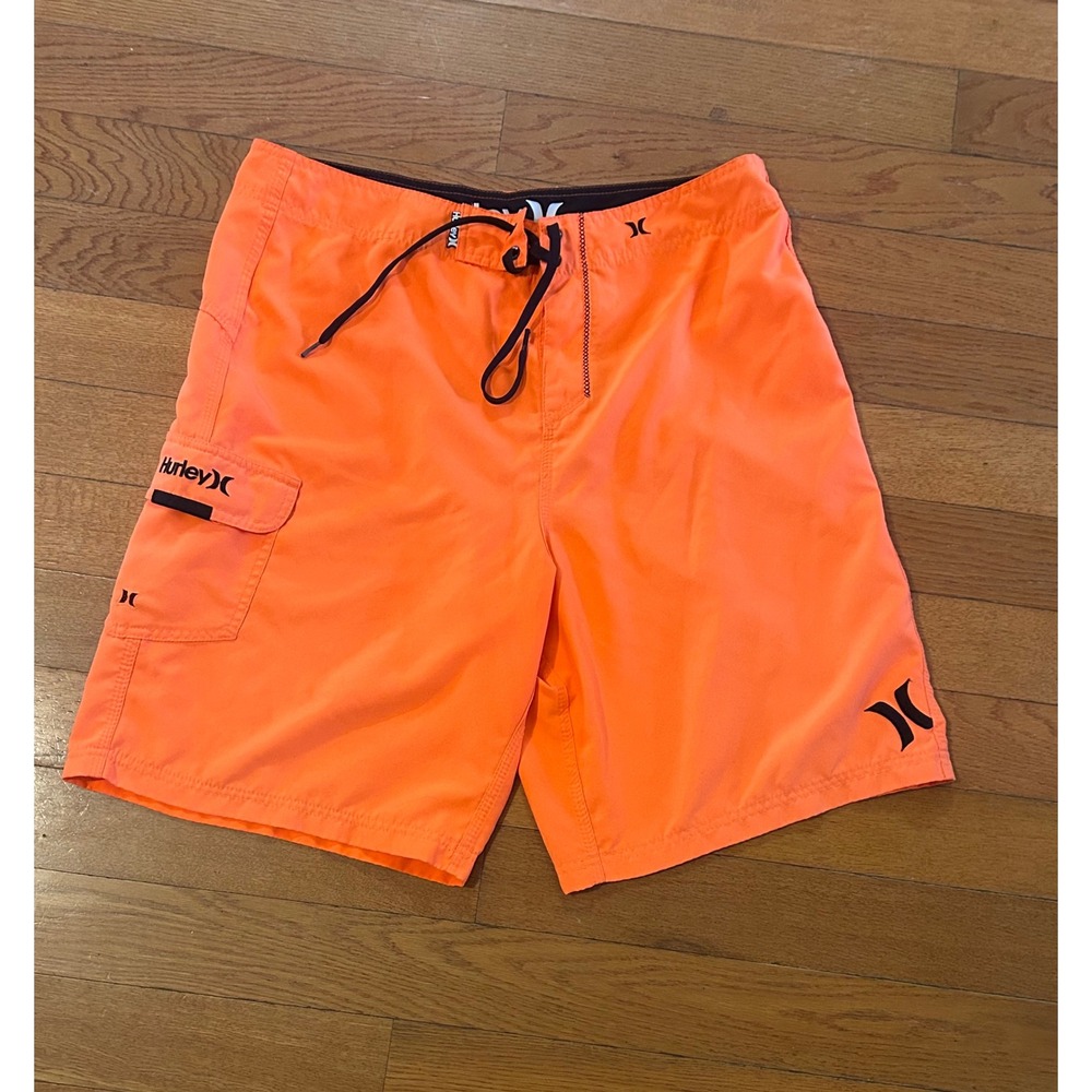 Hurley Mens Neon Orange Board Shorts Cargo Pocket Swim Trunks